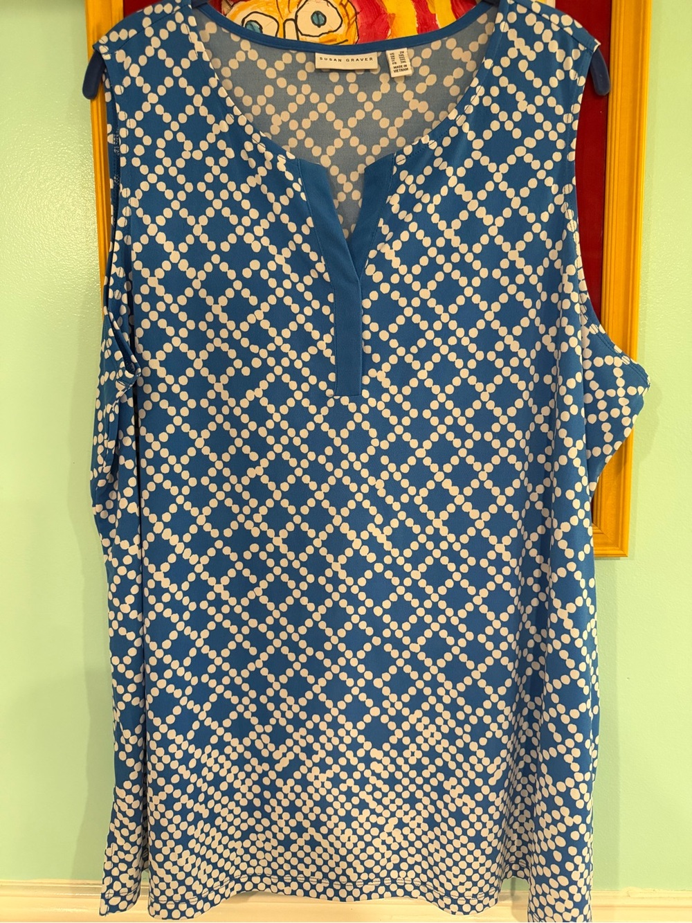 Susan Graver 2x Liquid Knit, Teal Blue Geometric Dot Sleeveless Top, $15